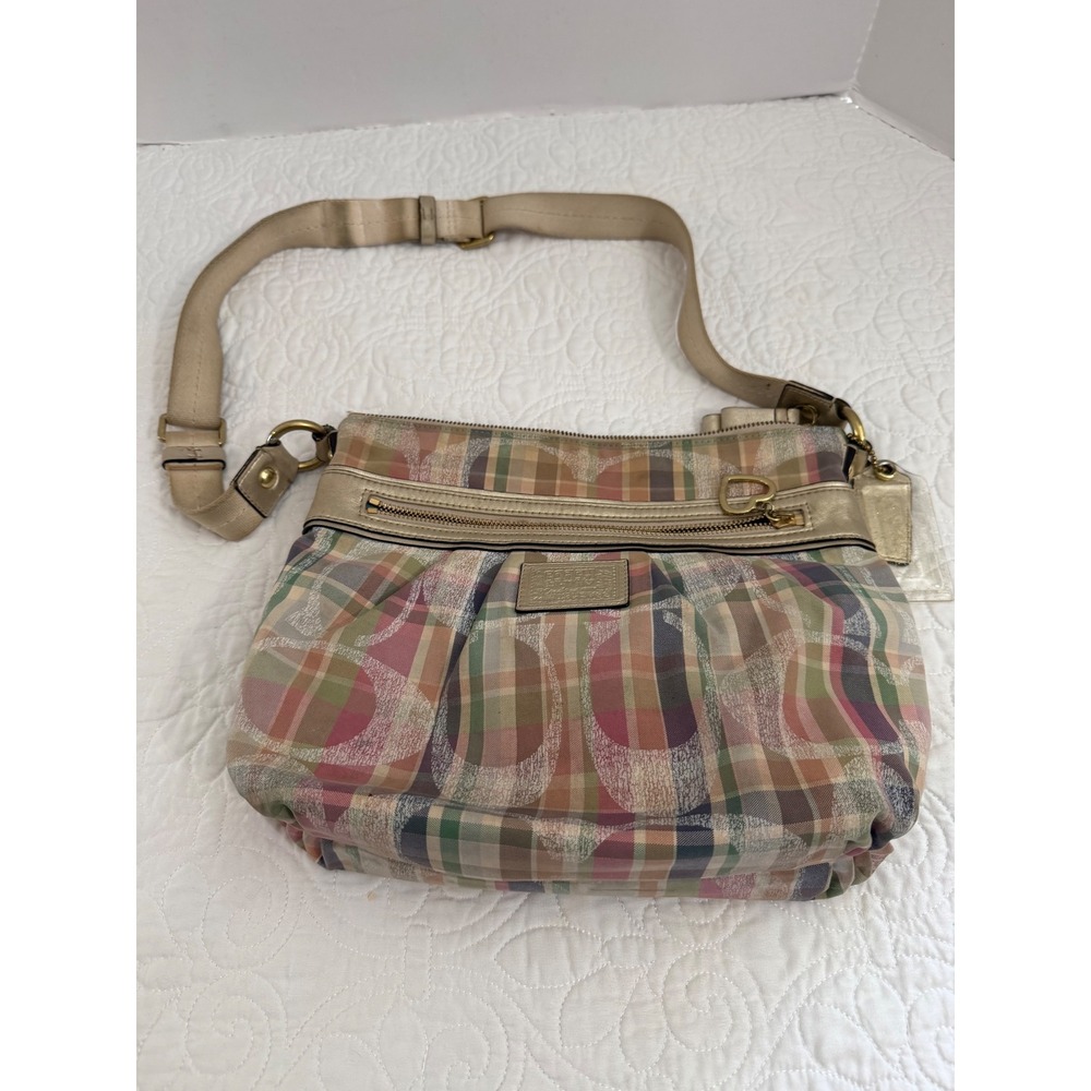 Coach Poppy Plaid Signature C Crossbody Bag Gold Trim Multi-Color Heart Zip